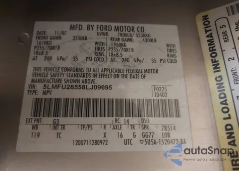 2008 Lincoln Navigator z USA, uszkodzony, nr VIN 5LMFU28558LJ09695